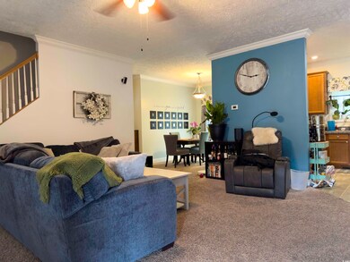 Living room with a textured ceiling, crown molding