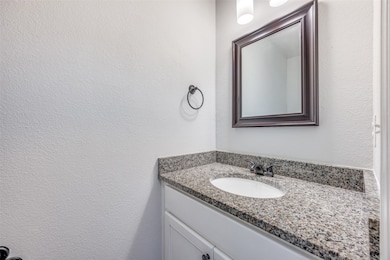 Bathroom with a textured wall and vanity