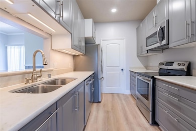Kitchen with stainless steel appliances, light wo