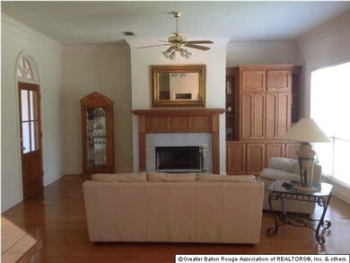 Living room with fireplace and view