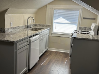 Kitchen with dishwasher, gas stove, dark wood-type