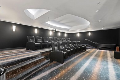 Carpeted home theater with a raised ceiling