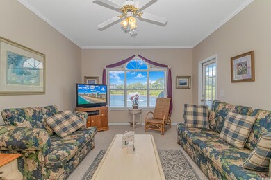 Carpeted living room featuring ornamental molding 