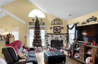 Living area featuring wood finished floors, high vaulted ceiling, plenty of natural light, and a fireplace
