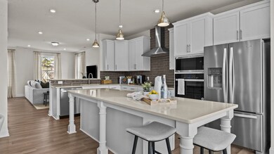 Gourmet kitchen with wall oven/microwave, vented hood, and extended island, by DRB Homes Charlotte, NC