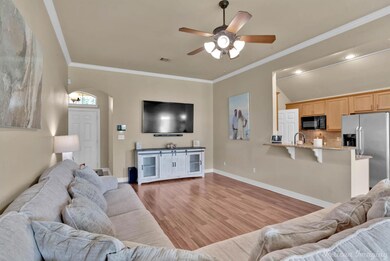 Living room featuring ceiling fan, sink, crown mol
