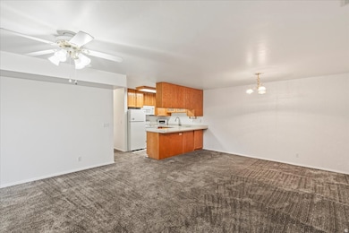 Kitchen featuring open floor plan, light countertops, white appliances, brown cabinets, and dark colored carpet