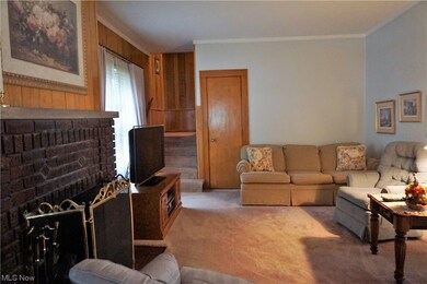 Carpeted living room featuring wooden walls, a fireplace, and crown molding