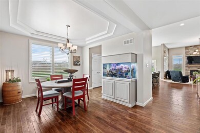The dining room has serene lake views and a double