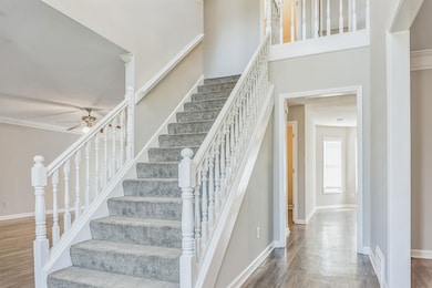 Staircase with ceiling fan, baseboards, and wood f