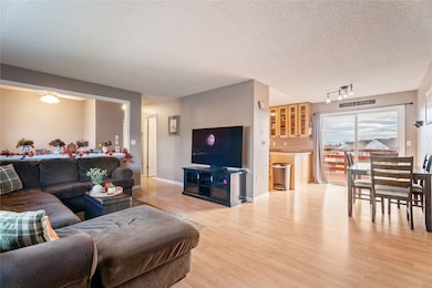 Living area featuring light wood-style floors, a textured ceiling, and ceiling fan