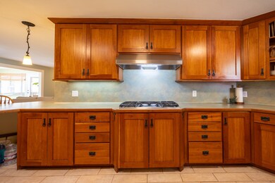 Kitchen detail of the cooking space with gas stove and hood vent.