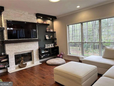 Living room with a stone fireplace, ornamental molding, healthy amount of natural light, and wood finished floors