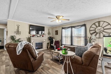 Living room with a textured ceiling, ceiling fan, 