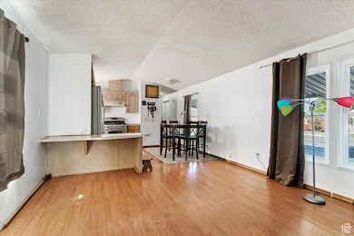 Kitchen with a kitchen breakfast bar, light countertops, a peninsula, light wood-style floors, and appliances with stainless steel finishes