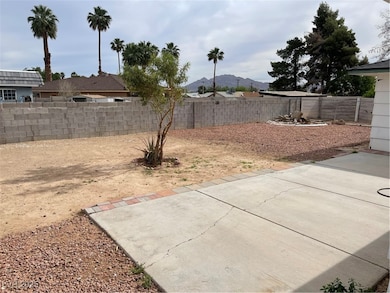 Fenced backyard featuring a mountain view and a pa