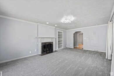 Living room includes curtains, new lighting, and a gas fireplace insert that was installed 5 years ago. Carpet replaced 2025