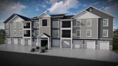 View of front of home with board and batten siding, driveway, an attached garage, stone siding, and a residential view