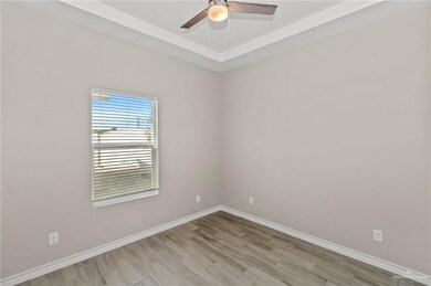 Empty room with a raised ceiling, ceiling fan, and light hardwood / wood-style floors