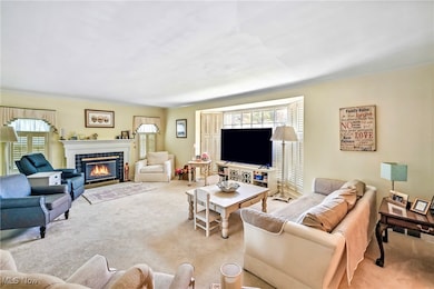 Living room with carpet floors and a tiled fireplace