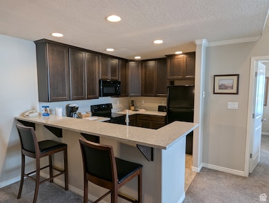 Kitchen with light stone counters, black appliances, kitchen peninsula, and a kitchen bar