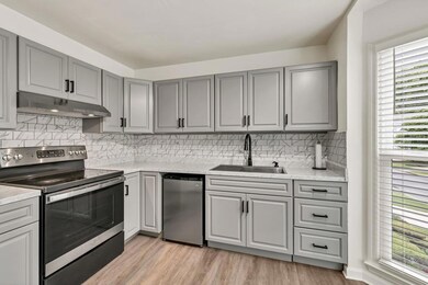 Kitchen featuring gray cabinets, electric stove, u
