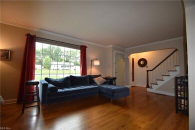 Living room featuring crown molding and wood-type 