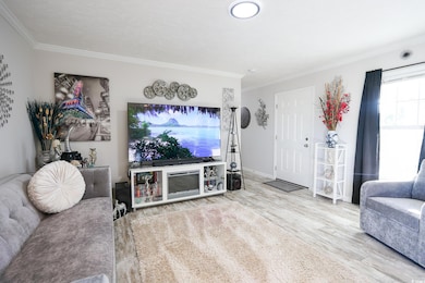 Living room with wood-type flooring and ornamental