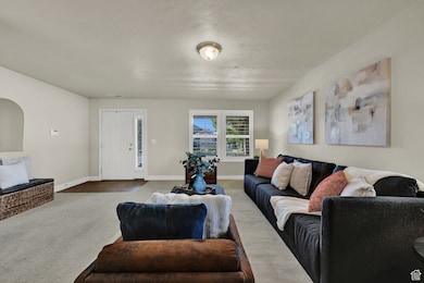 Carpeted living room with baseboards