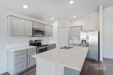 Kitchen with gray cabinetry, stainless steel appliances, a kitchen island with sink, recessed lighting, and dark wood-style flooring