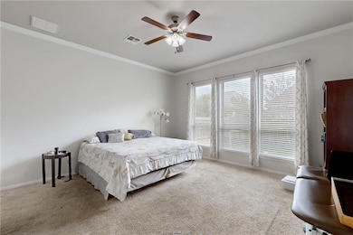 Carpeted bedroom with crown molding and a ceiling