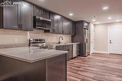 Kitchen with a peninsula, stainless steel appliances, dark wood-type flooring, recessed lighting, and dark brown cabinets