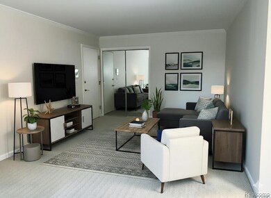 Virtually Staged living area with crown molding and baseboards