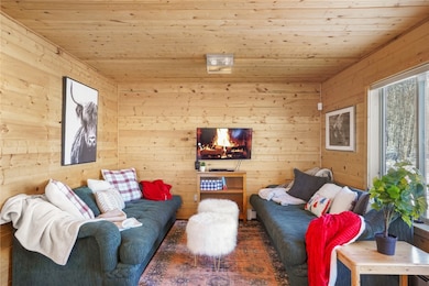 Living room with wood ceiling and wood walls