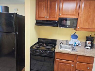 Kitchen with range hood, black appliances, a sink, and light countertops