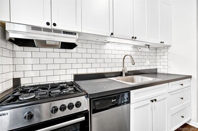 Kitchen with stainless steel appliances, white cabinetry, decorative backsplash, and under cabinet range hood
