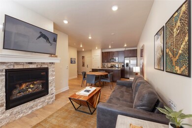 Living room features modern furnishing and a gas f