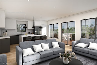 Rendering of Living room and Kitchen.