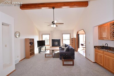 Living room has vaulted ceiling, fireplace and wet