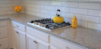 The back splash in this kitchen with the dark grou
