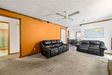 Living room with ornamental molding, carpet floors, a ceiling fan, baseboards, and a textured ceiling