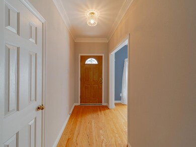 Entryway featuring crown molding and wood-type flo