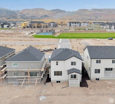 Aerial perspective of suburban area with mountains