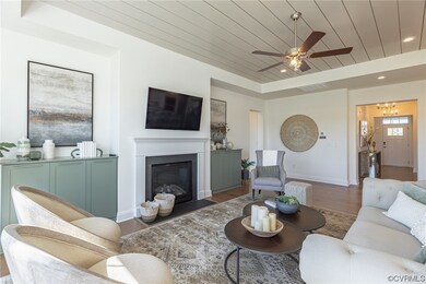 Living room with dark wood-type flooring and ceili