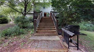Looking up to the large deck and walkway around th
