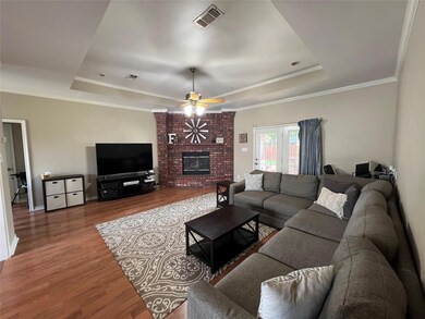 Living room featuring a tray ceiling, ceiling fan,