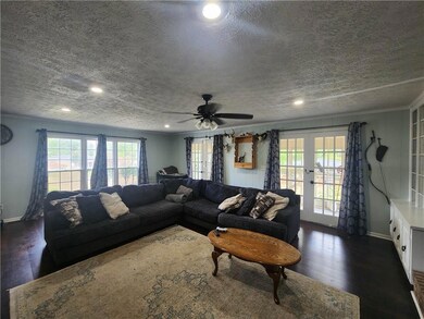 Living room featuring ceiling fan, french doors, d