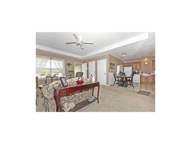 Large inviting living room with raised ceiling, lo
