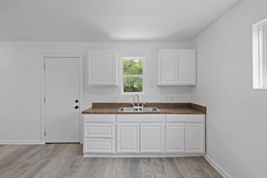 Kitchen with a sink, dark countertops, light wood