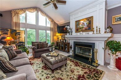 The living room features a vaulted ceiling, wall o